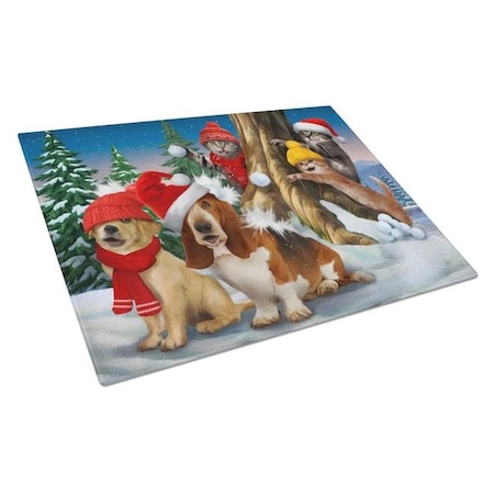 Carolines Treasures PTW2066LCB Basset, Golden & Cats Snowball Fight Glass Cutting Board - Large PTW2066LCB